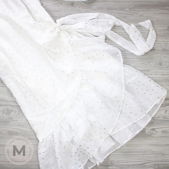 White Silver Dots Ruffle Hem Wrap Dress - Picture 6 of 9